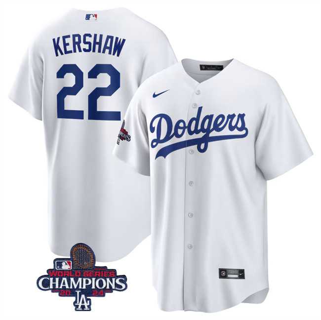 Men's Los Angeles Dodgers #22 Clayton Kershaw White 2024 World Series Champions Cool Base Stitched Baseball Jersey,We sell and wholesale Men's Los Angeles Dodgers #22 Clayton Kershaw White 2024 World Series Champions Cool Base Stitched Baseball Jersey on line form chian!